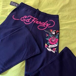 Ed Hardy navy Blue sweatpants with Vibrant Pink Accents